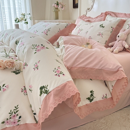 91家纺网 家纺一手货源 找家纺 （总）苏米娜家纺2025韩版复古花边针织棉双层纱四件套A类母婴级有氧双层纱针织棉亲肤小清新印花