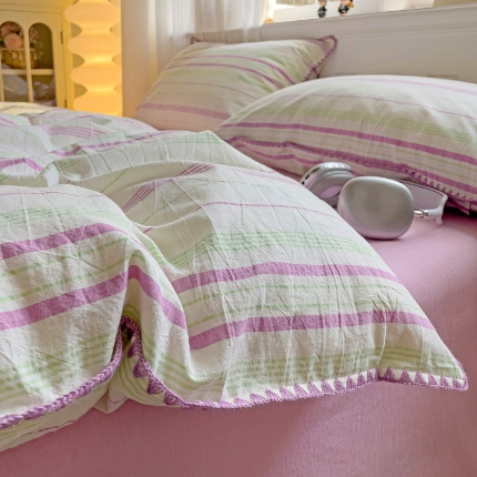 艾咪 新款贝壳边全棉色织水洗棉四件套三件套 贝壳边漫悠绿紫