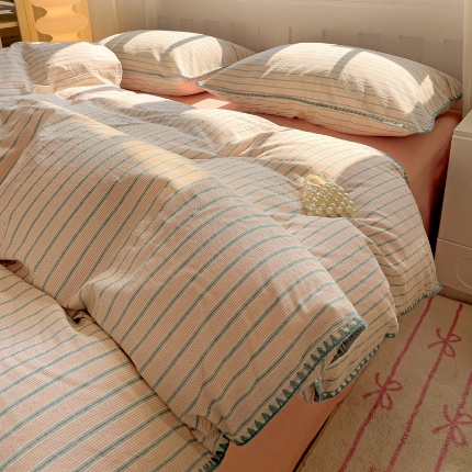 艾咪 新款贝壳边全棉色织水洗棉四件套三件套 贝壳边海岸绿