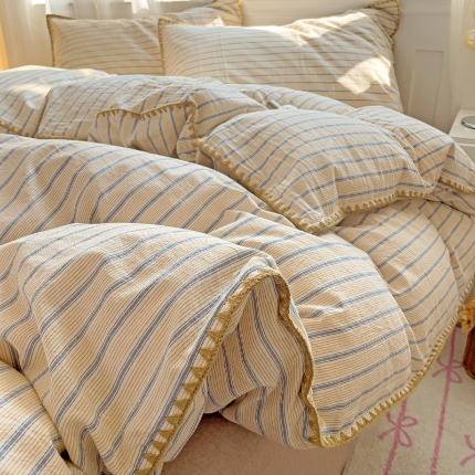 艾咪 新款贝壳边全棉色织水洗棉四件套三件套 贝壳边海岸蓝