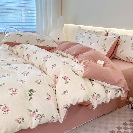 91家纺网 家纺一手货源 找家纺 晚爱家纺（原晚安家居） 2025新款A类双层纱有氧提花彩竺棉小竺棉四件套清欢