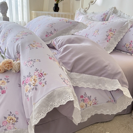 91家纺网 家纺一手货源 找家纺 （总）苏米娜家纺2025韩版复古花边针织棉双层纱四件套A类母婴级有氧双层纱针织棉亲肤小清新印花床盖款四件套