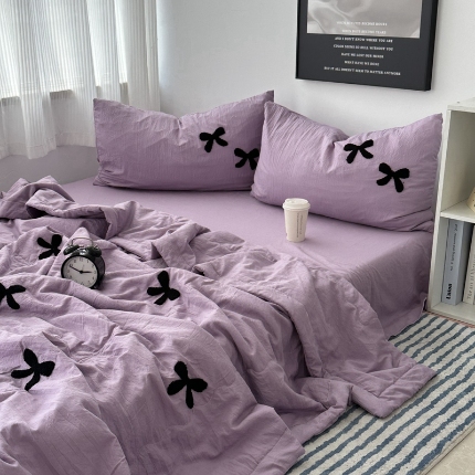 91家纺网 家纺一手货源 找家纺 （总）优色良品家纺 2025新款水洗棉毛巾绣蝴蝶结夏被四件套