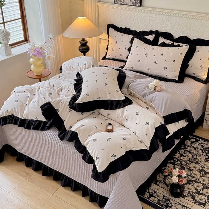 91家纺网 家纺一手货源 找家纺 苏米娜家纺法式A类母婴级针织双层纱床盖款四件套赫本风全棉纯棉麻泡泡棉小竺棉超柔水洗棉床单床盖款 赫本风-蝶舞