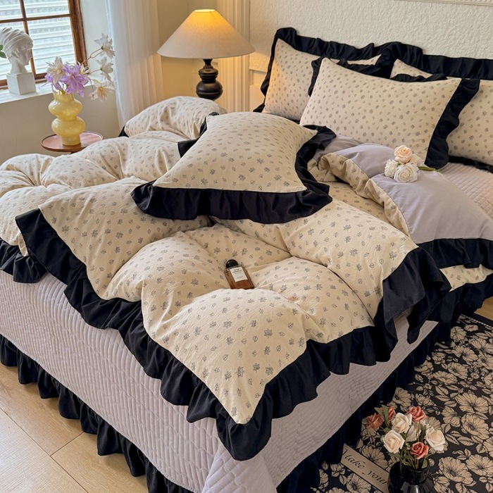 91家纺网 家纺一手货源 找家纺 苏米娜家纺法式A类母婴级针织双层纱床盖款四件套赫本风全棉纯棉麻泡泡棉小竺棉超柔水洗棉床单床盖款 赫本风-南木