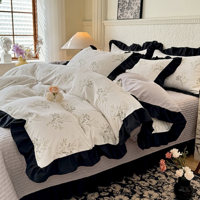 91家纺网 家纺一手货源 找家纺 苏米娜家纺法式A类母婴级针织双层纱床盖款四件套赫本风全棉纯棉麻泡泡棉小竺棉超柔水洗棉床单床盖款 赫本风-仙草