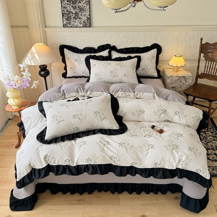 91家纺网 家纺一手货源 找家纺 苏米娜家纺法式A类母婴级针织双层纱床盖款四件套赫本风全棉纯棉麻泡泡棉小竺棉超柔水洗棉床单床盖款 赫本风-仙草