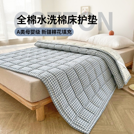 91家纺网 家纺一手货源 找家纺 丽诺 2024新款全棉色织棉花床护垫 全棉色织水洗棉-蓝小格