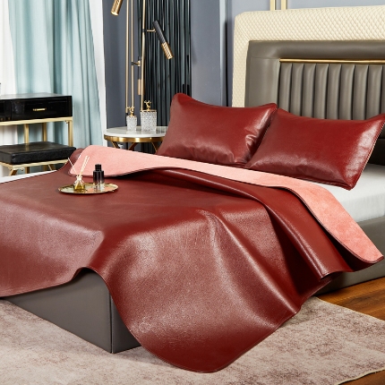 91家纺网 家纺一手货源 找家纺 四川牛皮席 2025新款手工轻奢牛皮软凉席 红棕色