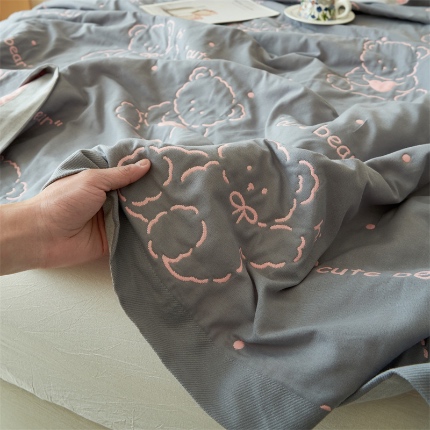  2025新款A类全棉加厚八层纱毛巾被 假期小熊-藏青