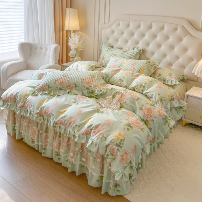 91家纺网 家纺一手货源 找家纺 恋尚 2025新款全棉纯棉蕾丝印花单床笠裙床笠裙单件 花蝶语