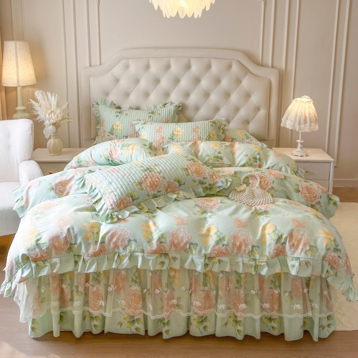 91家纺网 家纺一手货源 找家纺 恋尚 2025新款全棉纯棉蕾丝印花单床笠裙床笠裙单件 花蝶语