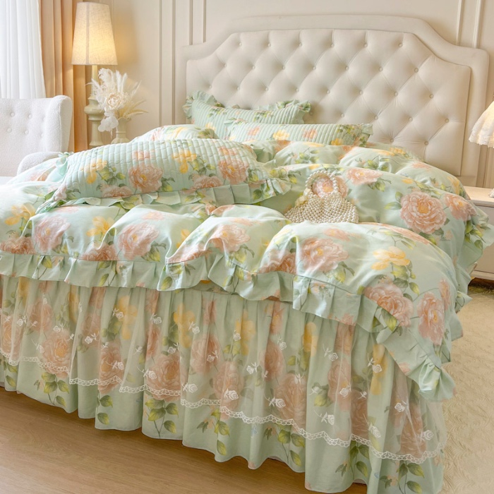 91家纺网 家纺一手货源 找家纺 恋尚 2025新款全棉纯棉蕾丝印花单床笠裙床笠裙单件 花蝶语