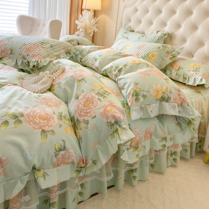 91家纺网 家纺一手货源 找家纺 恋尚 2025新款全棉纯棉蕾丝印花单床笠裙床笠裙单件 花蝶语