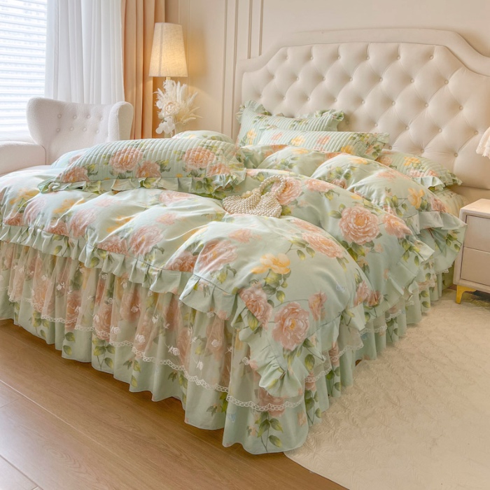 91家纺网 家纺一手货源 找家纺 恋尚 2025新款全棉纯棉蕾丝印花单床笠裙床笠裙单件 花蝶语