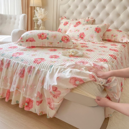 恋尚 2025新款全棉纯棉蕾丝印花单床笠裙床笠裙单件 寻芳朵朵