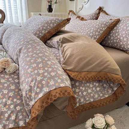 91家纺网 家纺一手货源 找家纺 （总）漫布云家纺 2025直播爆款公主风A类母婴级针织棉床盖四件套韩版花边针织棉双层纱四件套全棉纯棉复古风田园风