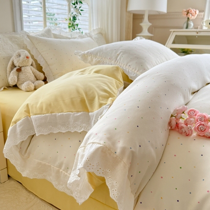 91家纺网 家纺一手货源 找家纺 （总）漫布云家纺 2025直播爆款公主风A类母婴级针织棉床盖四件套韩版花边针织棉双层纱四件套全棉纯棉复古风田园风