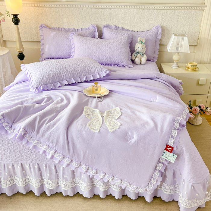 91家纺网 家纺一手货源 找家纺 2025韩版少女心法式公主风水洗棉蕾丝花边夏被床盖款四件套泡泡棉小竺棉凉蝴蝶结夏被床盖款四件套 蜜可儿-梦幻紫 