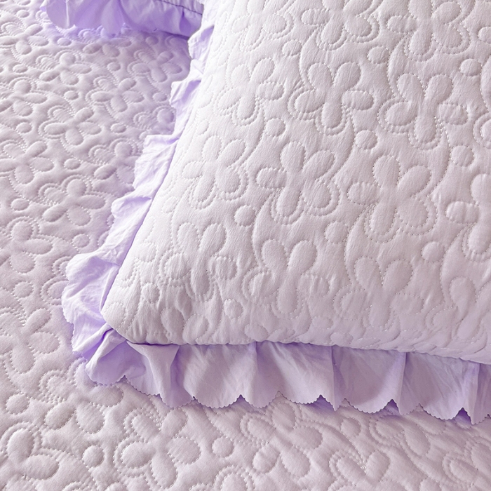 91家纺网 家纺一手货源 找家纺 2025韩版少女心法式公主风水洗棉蕾丝花边夏被床盖款四件套泡泡棉小竺棉凉蝴蝶结夏被床盖款四件套 蜜可儿-梦幻紫 