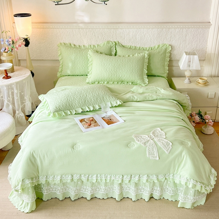 91家纺网 家纺一手货源 找家纺 2025韩版少女心法式公主风水洗棉蕾丝花边夏被床盖款四件套泡泡棉小竺棉凉蝴蝶结夏被床盖款四件套 蜜可儿-薄荷绿 