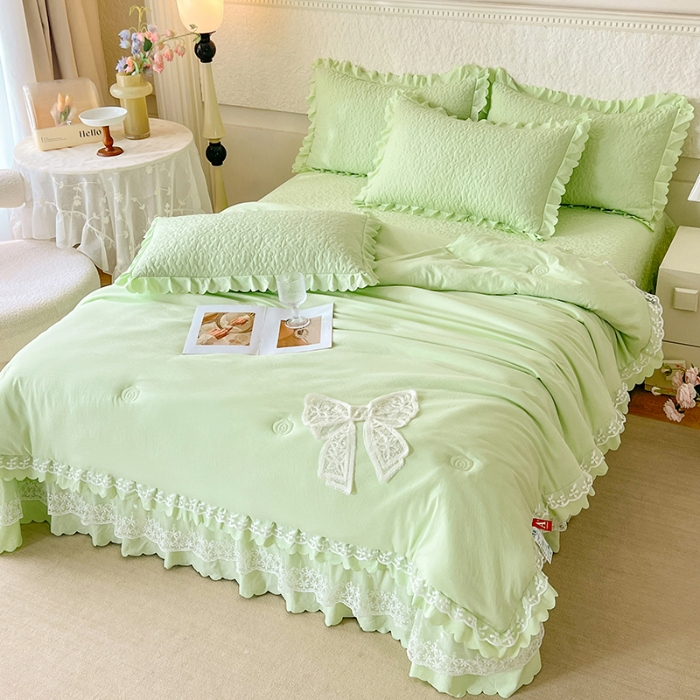 91家纺网 家纺一手货源 找家纺 2025韩版少女心法式公主风水洗棉蕾丝花边夏被床盖款四件套泡泡棉小竺棉凉蝴蝶结夏被床盖款四件套 蜜可儿-薄荷绿 