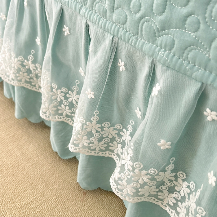 91家纺网 家纺一手货源 找家纺 2025韩版少女心法式公主风水洗棉蕾丝花边夏被床盖款四件套泡泡棉小竺棉凉蝴蝶结夏被床盖款四件套 蜜可儿-嫩芽绿 