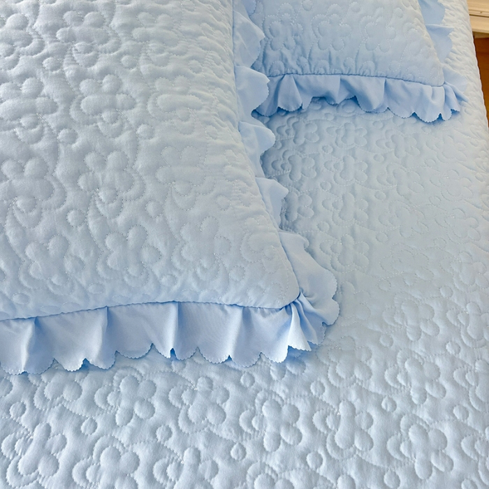 91家纺网 家纺一手货源 找家纺 2025韩版少女心法式公主风水洗棉蕾丝花边夏被床盖款四件套泡泡棉小竺棉凉蝴蝶结夏被床盖款四件套 蜜可儿-婴儿蓝 