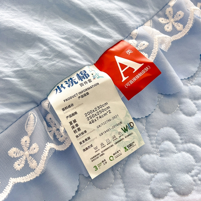 91家纺网 家纺一手货源 找家纺 2025韩版少女心法式公主风水洗棉蕾丝花边夏被床盖款四件套泡泡棉小竺棉凉蝴蝶结夏被床盖款四件套 蜜可儿-婴儿蓝 