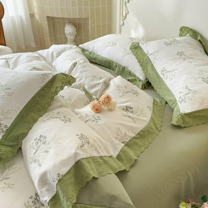 91家纺网 家纺一手货源 找家纺 苏米娜家纺2025春夏新款韩版复古花边A类有氧针织棉双层纱四件套纯棉麻泡泡棉小竺棉四件套法式赫本风水洗棉床盖款四件套 莫奈 