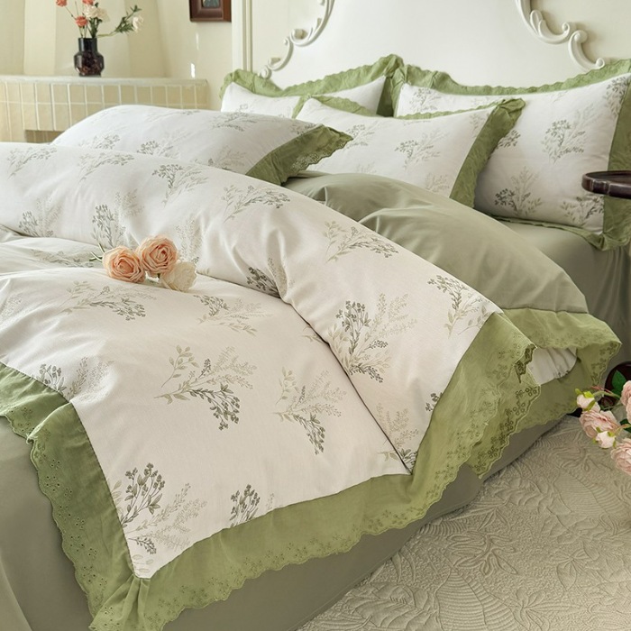 91家纺网 家纺一手货源 找家纺 苏米娜家纺2025春夏新款韩版复古花边A类有氧针织棉双层纱四件套纯棉麻泡泡棉小竺棉四件套法式赫本风水洗棉床盖款四件套 莫奈 