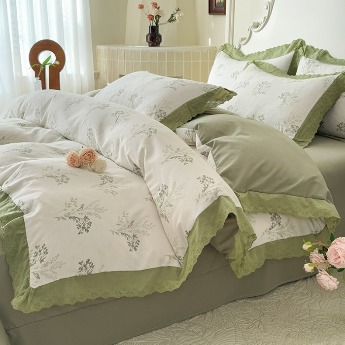 91家纺网 家纺一手货源 找家纺 苏米娜家纺2025春夏新款韩版复古花边A类有氧针织棉双层纱四件套纯棉麻泡泡棉小竺棉四件套法式赫本风水洗棉床盖款四件套 莫奈 