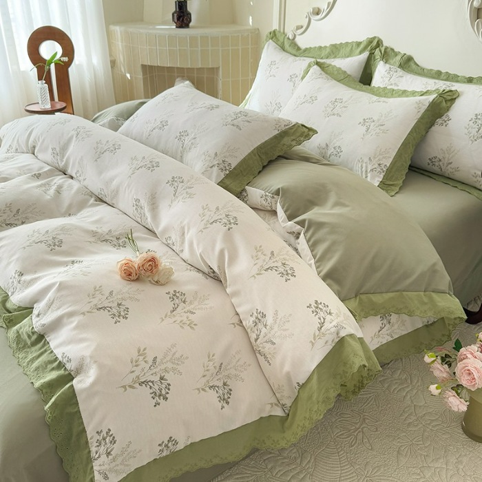 91家纺网 家纺一手货源 找家纺 苏米娜家纺2025春夏新款韩版复古花边A类有氧针织棉双层纱四件套纯棉麻泡泡棉小竺棉四件套法式赫本风水洗棉床盖款四件套 莫奈 