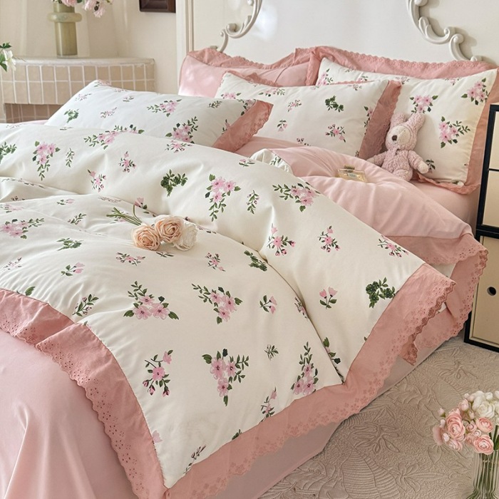 91家纺网 家纺一手货源 找家纺 苏米娜家纺2025春夏新款韩版复古花边A类有氧针织棉双层纱四件套纯棉麻泡泡棉小竺棉四件套法式赫本风水洗棉床盖款四件套 清欢 