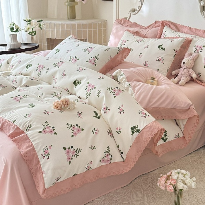 91家纺网 家纺一手货源 找家纺 苏米娜家纺2025春夏新款韩版复古花边A类有氧针织棉双层纱四件套纯棉麻泡泡棉小竺棉四件套法式赫本风水洗棉床盖款四件套 清欢 