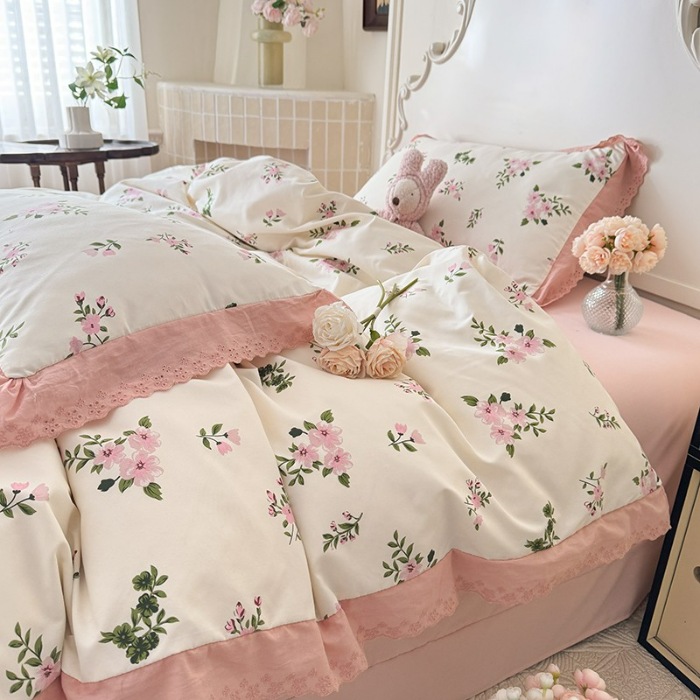 91家纺网 家纺一手货源 找家纺 苏米娜家纺2025春夏新款韩版复古花边A类有氧针织棉双层纱四件套纯棉麻泡泡棉小竺棉四件套法式赫本风水洗棉床盖款四件套 清欢 