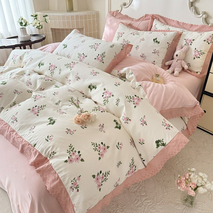 91家纺网 家纺一手货源 找家纺 苏米娜家纺2025春夏新款韩版复古花边A类有氧针织棉双层纱四件套纯棉麻泡泡棉小竺棉四件套法式赫本风水洗棉床盖款四件套 清欢 