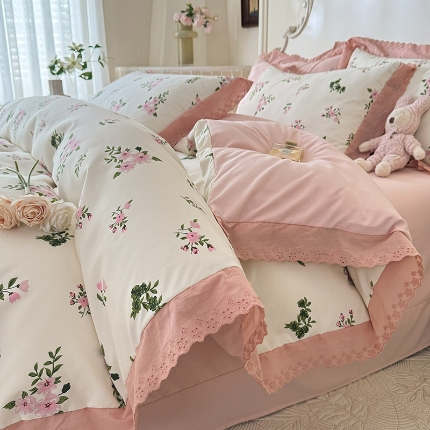 苏米娜家纺2025春夏新款韩版复古花边A类有氧针织棉双层纱四件套纯棉麻泡泡棉小竺棉四件套法式赫本风水洗棉床盖款四件套 清欢 