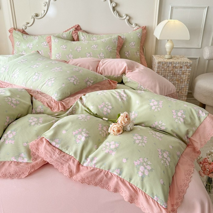 91家纺网 家纺一手货源 找家纺 苏米娜家纺2025春夏新款韩版复古花边A类有氧针织棉双层纱四件套纯棉麻泡泡棉小竺棉四件套法式赫本风水洗棉床盖款四件套 若曦-绿 