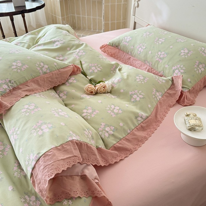 91家纺网 家纺一手货源 找家纺 苏米娜家纺2025春夏新款韩版复古花边A类有氧针织棉双层纱四件套纯棉麻泡泡棉小竺棉四件套法式赫本风水洗棉床盖款四件套 若曦-绿 