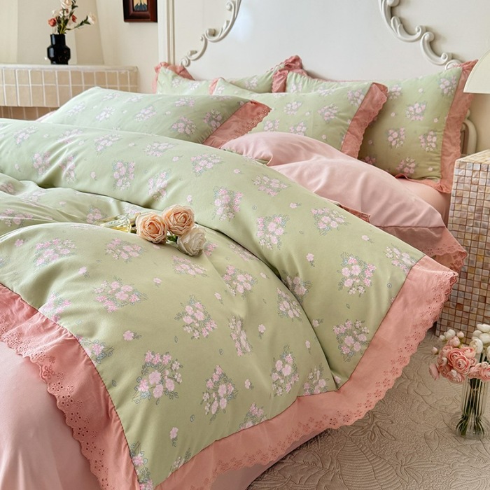 91家纺网 家纺一手货源 找家纺 苏米娜家纺2025春夏新款韩版复古花边A类有氧针织棉双层纱四件套纯棉麻泡泡棉小竺棉四件套法式赫本风水洗棉床盖款四件套 若曦-绿 