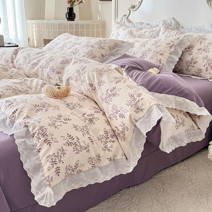 91家纺网 家纺一手货源 找家纺 苏米娜家纺2025春夏新款韩版复古花边A类有氧针织棉双层纱四件套纯棉麻泡泡棉小竺棉四件套法式赫本风水洗棉床盖款四件套 紫藤 