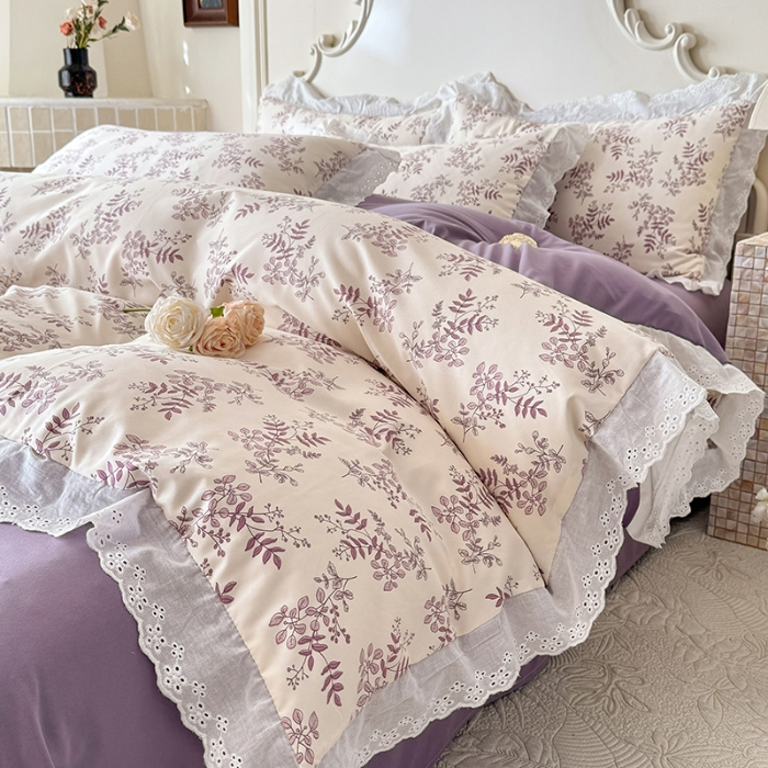 91家纺网 家纺一手货源 找家纺 苏米娜家纺2025春夏新款韩版复古花边A类有氧针织棉双层纱四件套纯棉麻泡泡棉小竺棉四件套法式赫本风水洗棉床盖款四件套 紫藤 