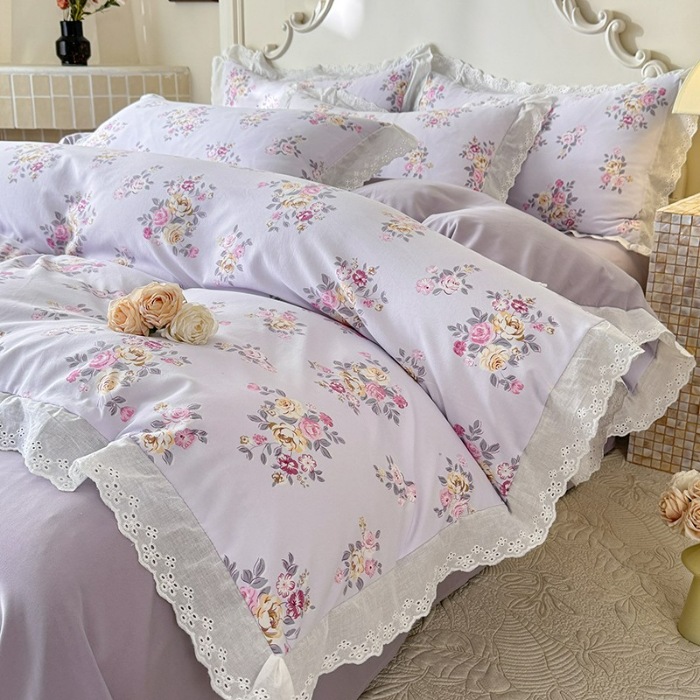 91家纺网 家纺一手货源 找家纺 苏米娜家纺2025春夏新款韩版复古花边A类有氧针织棉双层纱四件套纯棉麻泡泡棉小竺棉四件套法式赫本风水洗棉床盖款四件套 紫韵 