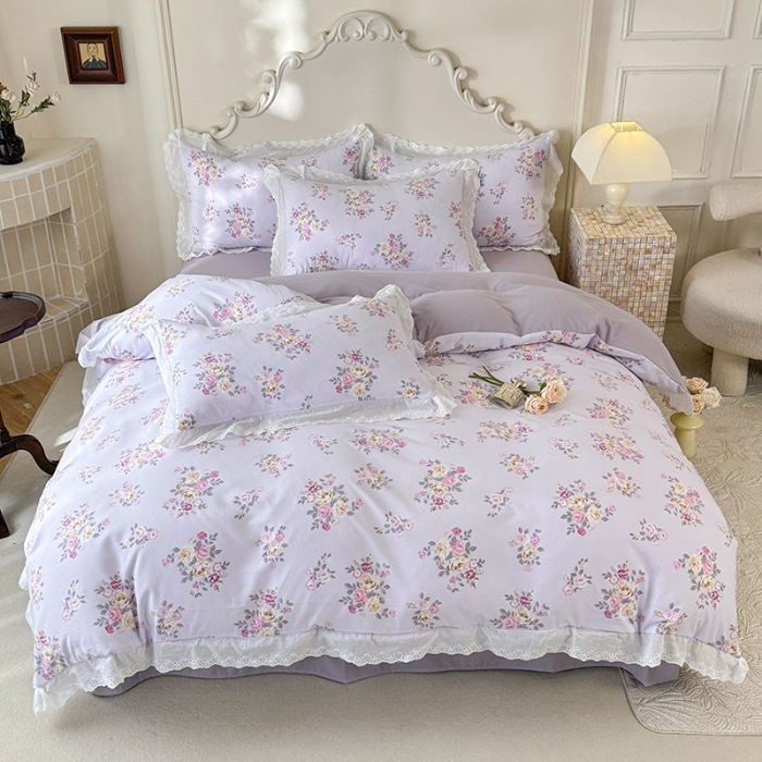 91家纺网 家纺一手货源 找家纺 苏米娜家纺2025春夏新款韩版复古花边A类有氧针织棉双层纱四件套纯棉麻泡泡棉小竺棉四件套法式赫本风水洗棉床盖款四件套 紫韵 