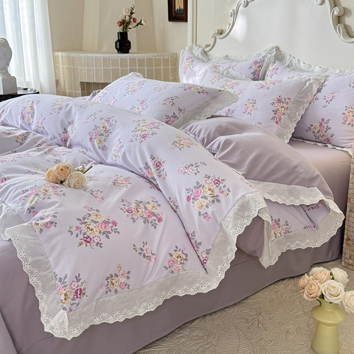 91家纺网 家纺一手货源 找家纺 苏米娜家纺2025春夏新款韩版复古花边A类有氧针织棉双层纱四件套纯棉麻泡泡棉小竺棉四件套法式赫本风水洗棉床盖款四件套 紫韵 