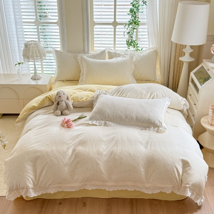 苏米娜家纺2025春夏新款韩版复古花边A类有氧针织棉双层纱四件套纯棉麻泡泡棉小竺棉四件套法式赫本风水洗棉床盖款四件套 印花奶油波点