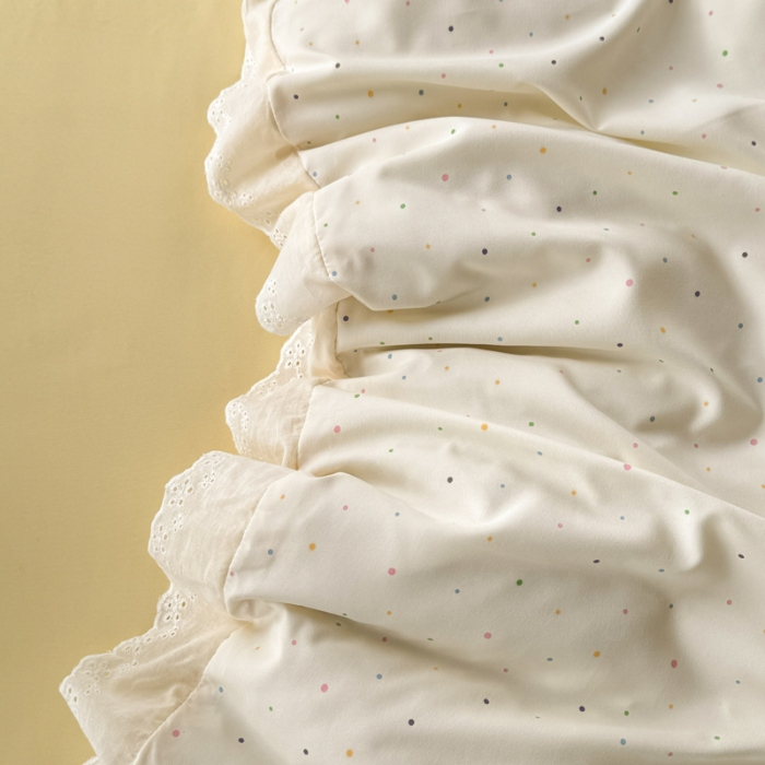 91家纺网 家纺一手货源 找家纺 苏米娜家纺2025春夏新款韩版复古花边A类有氧针织棉双层纱四件套纯棉麻泡泡棉小竺棉四件套法式赫本风水洗棉床盖款四件套 印花奶油波点