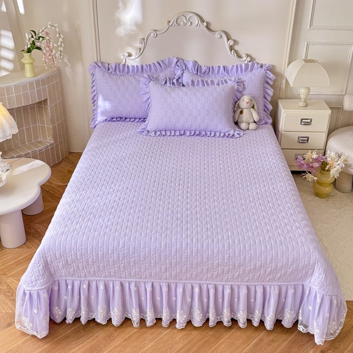 91家纺网 家纺一手货源 找家纺 苏米娜家纺2025春夏新品韩版甜美公主风超柔水洗棉床盖四件套刺绣针织棉双层纱纯棉棉麻全棉少女心夹棉床裙款夏被款床盖 花夕-梦幻紫 (0)