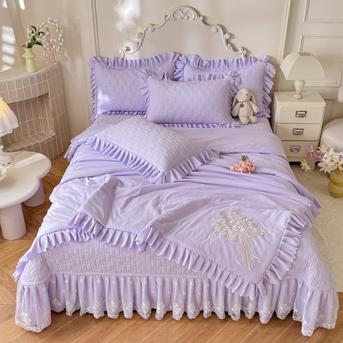 91家纺网 家纺一手货源 找家纺 苏米娜家纺2025春夏新品韩版甜美公主风超柔水洗棉床盖四件套刺绣针织棉双层纱纯棉棉麻全棉少女心夹棉床裙款夏被款床盖 花夕-梦幻紫 (0)